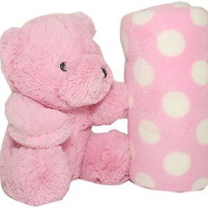 SILVER ONE Pink Polka Dot Plush Bear & Blanket Set